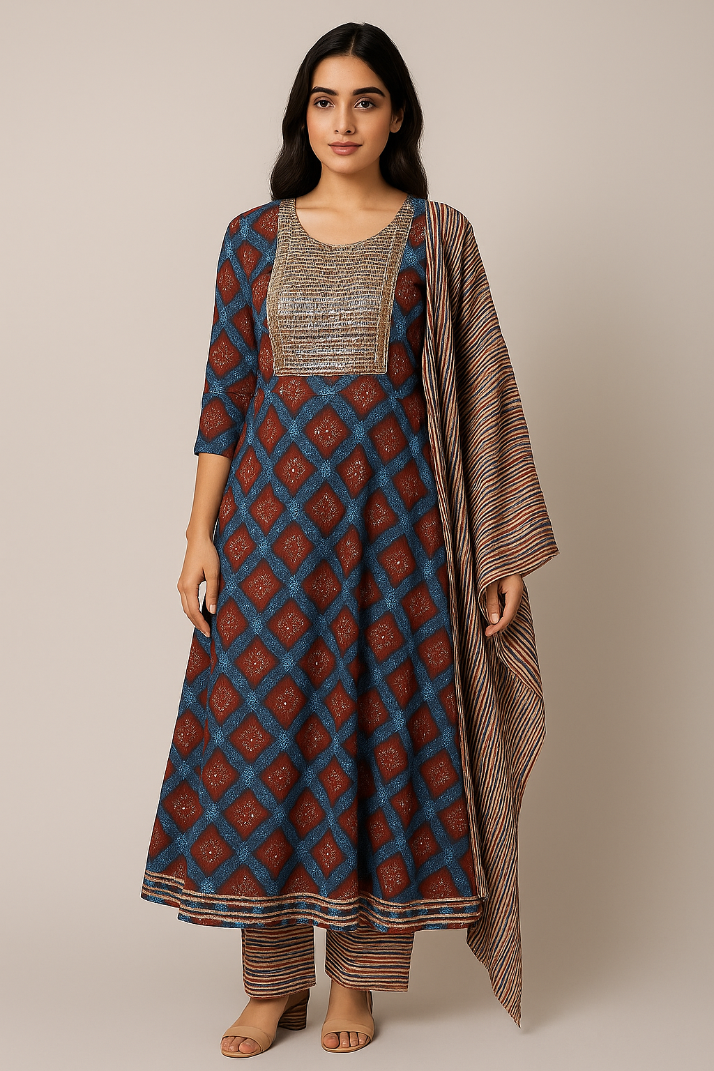 Ajrakh Print 3-Piece Cotton Suit Set – Mirror Work Kurti, Striped Pant & Soft Cotton Dupatta (Daily Wear & Festive Wear)