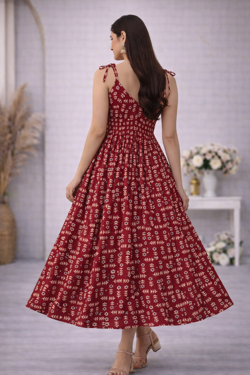 Maroon Printed V-Neck Anarkali Dress Ajrak Pattern
