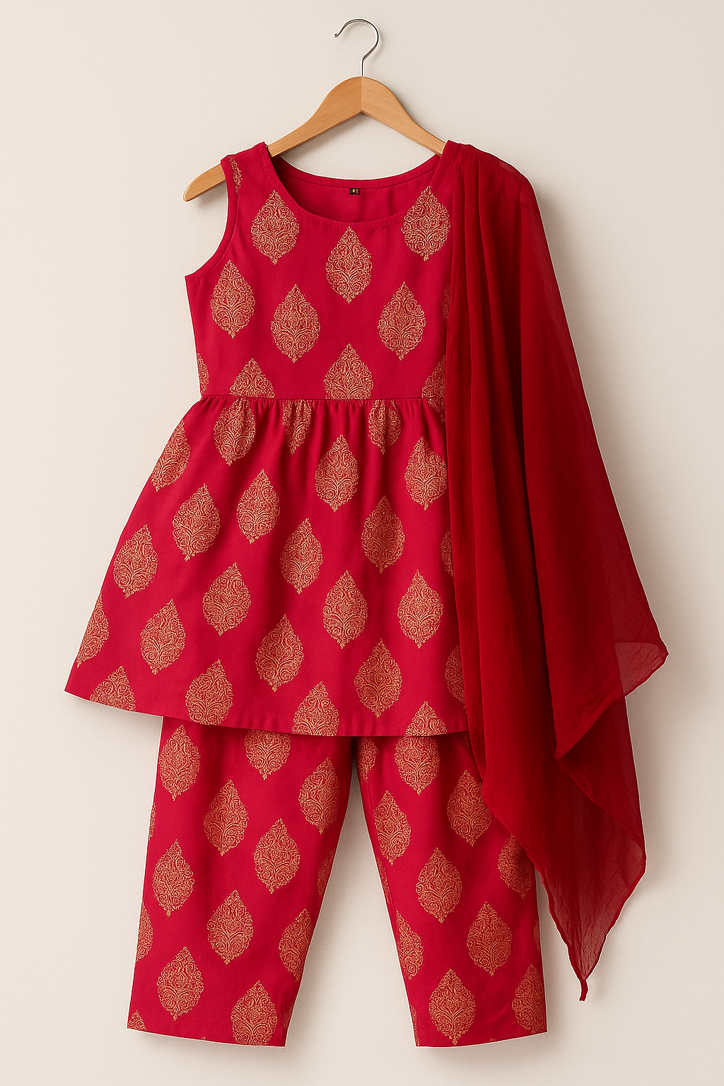 Pink Sleeveless Kurti Pant Dupatta Set | Festive Printed Outfit