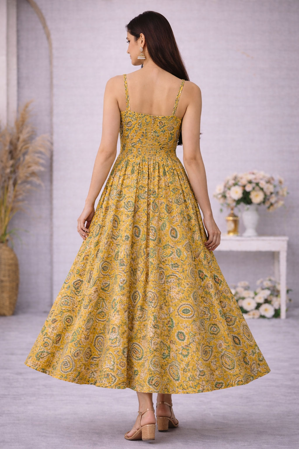 Mustard Printed Anarkali Maxi Dress