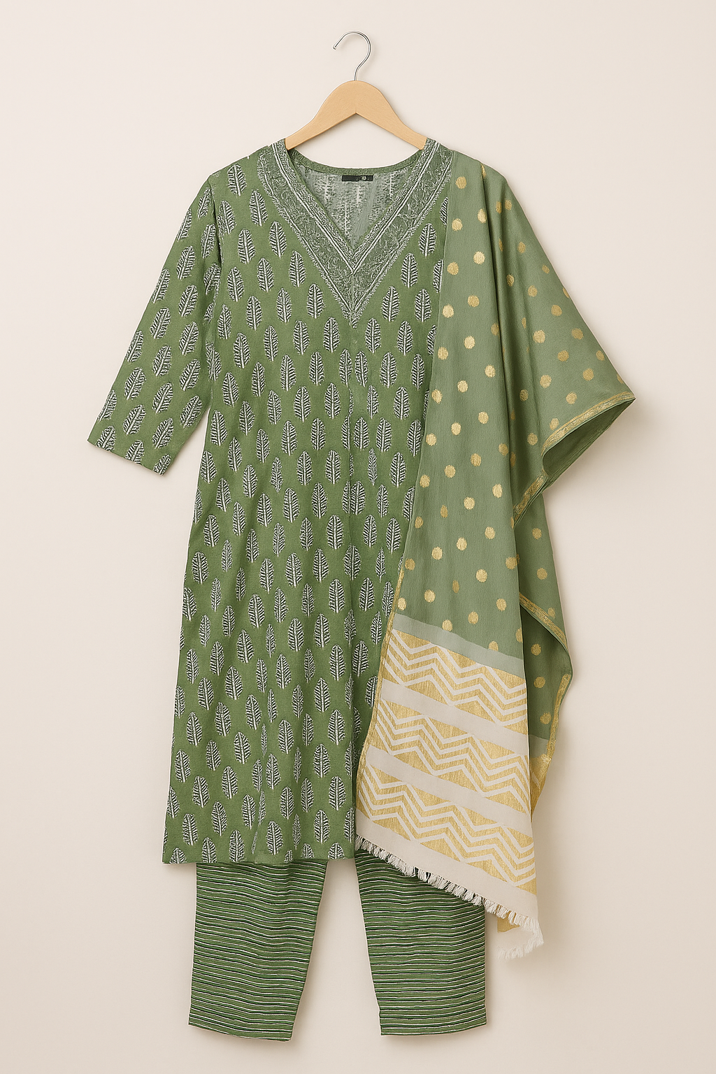 Green Printed Cotton Kurti Set with Embroidered Neck, Striped Bottom & Banarasi Dupatta | 3-Piece Set