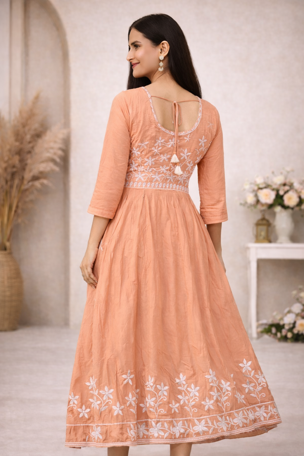 Peach Hand Embroidered Cotton Anarkali Kurti