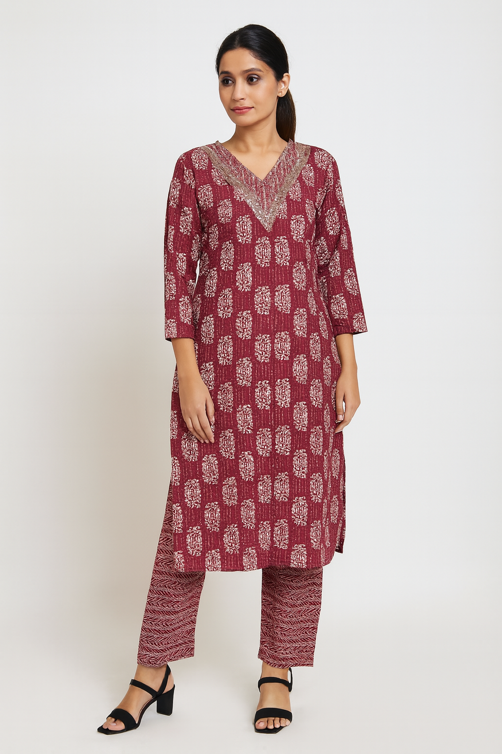 Maroon Handblock Print Cotton Kurti Set