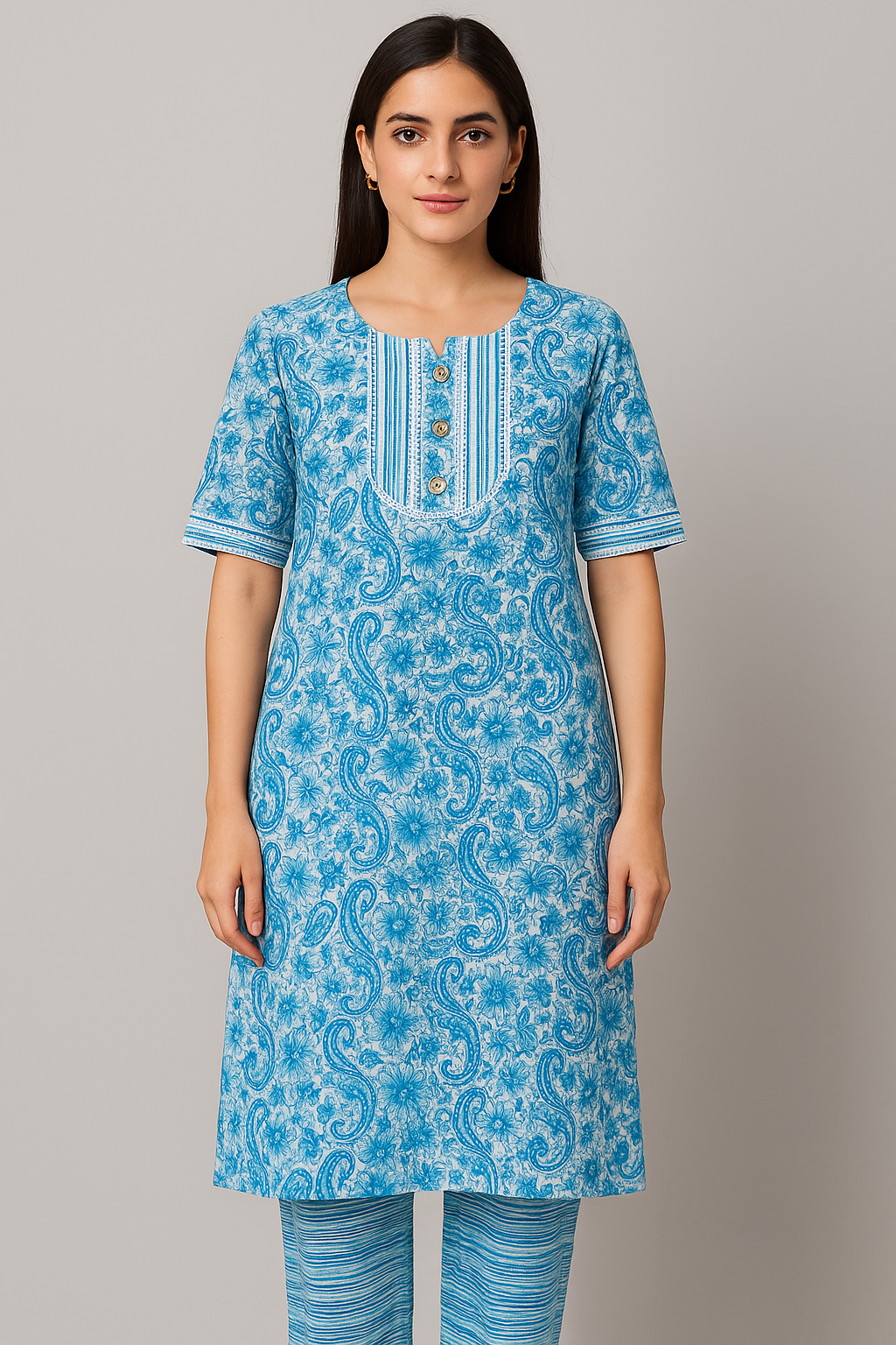 Beige Printed Cotton Kurti Pant Set