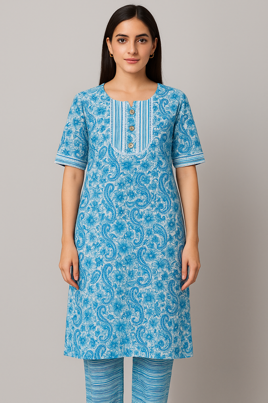 Beige Printed Cotton Kurti Pant Set