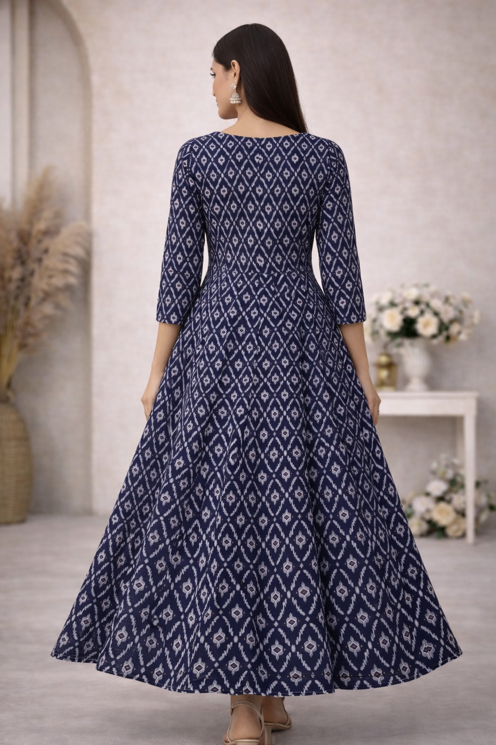 Navy Blue Ikat Print Premium Anarkali Kurti – One Piece