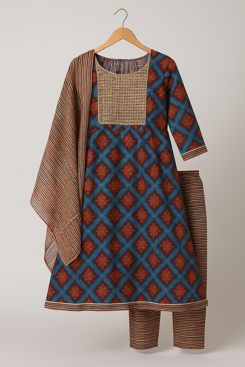Ajrakh Print 3-Piece Cotton Suit Set – Mirror Work Kurti, Striped Pant & Soft Cotton Dupatta (Daily Wear & Festive Wear)