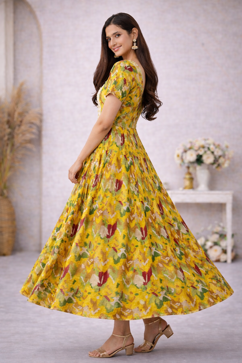 Mustard Floral Cotton Anarkali Dress