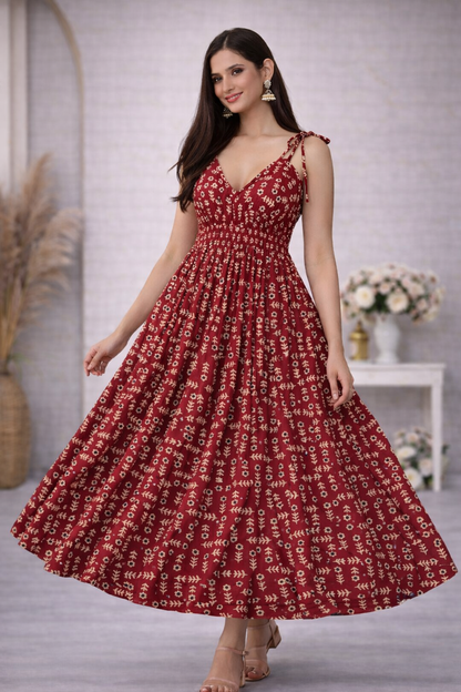 Maroon Printed V-Neck Anarkali Dress Ajrak Pattern