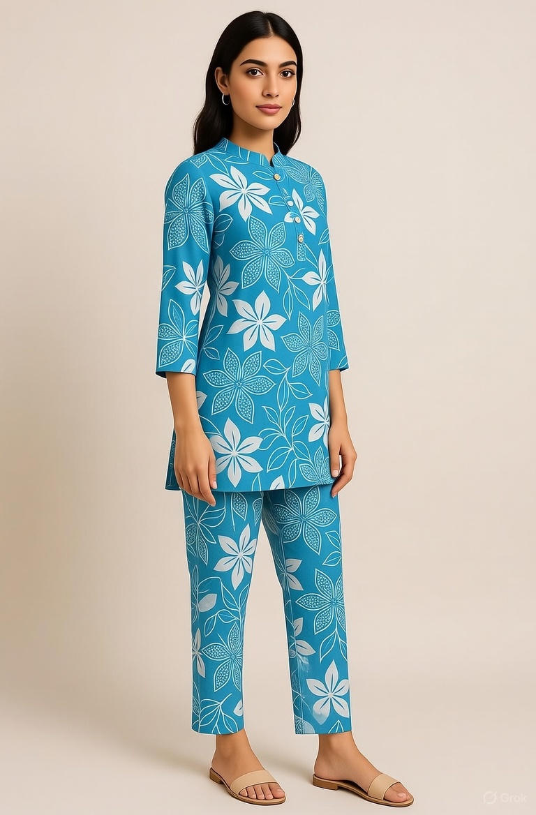 Blue Floral Print Cotton Kurti Pant Set