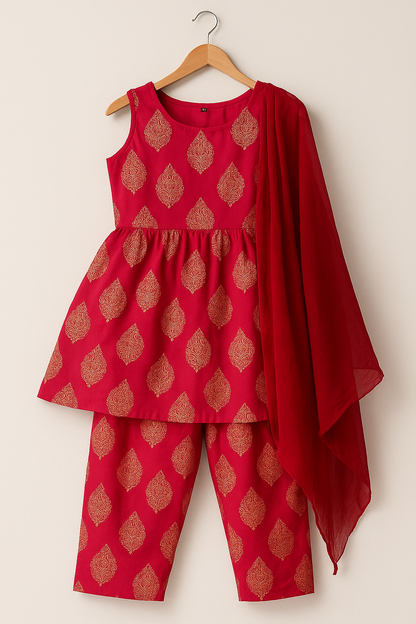 Pink Sleeveless Kurti Pant Dupatta Set | Festive Printed Outfit