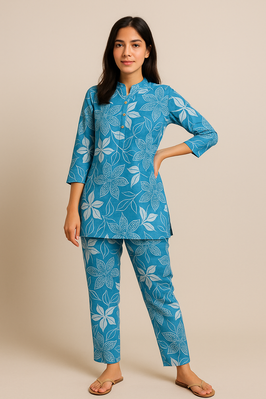 Blue Floral Print Cotton Kurti Pant Set