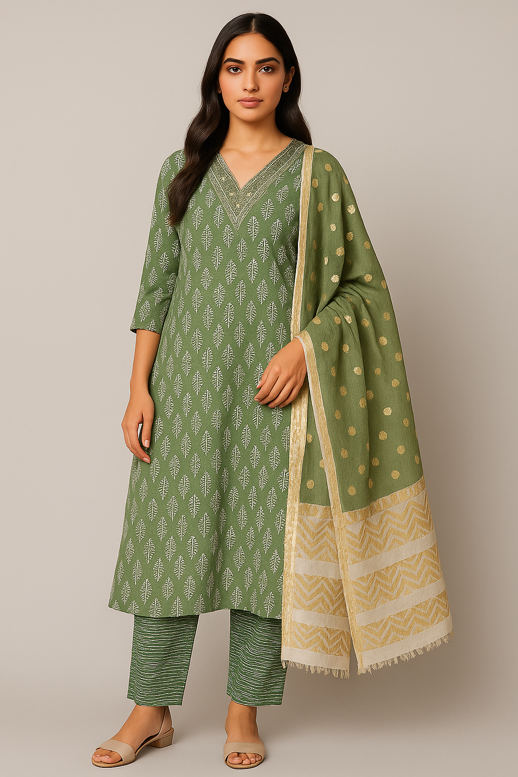 Green Printed Cotton Kurti Set with Embroidered Neck, Striped Bottom & Banarasi Dupatta | 3-Piece Set