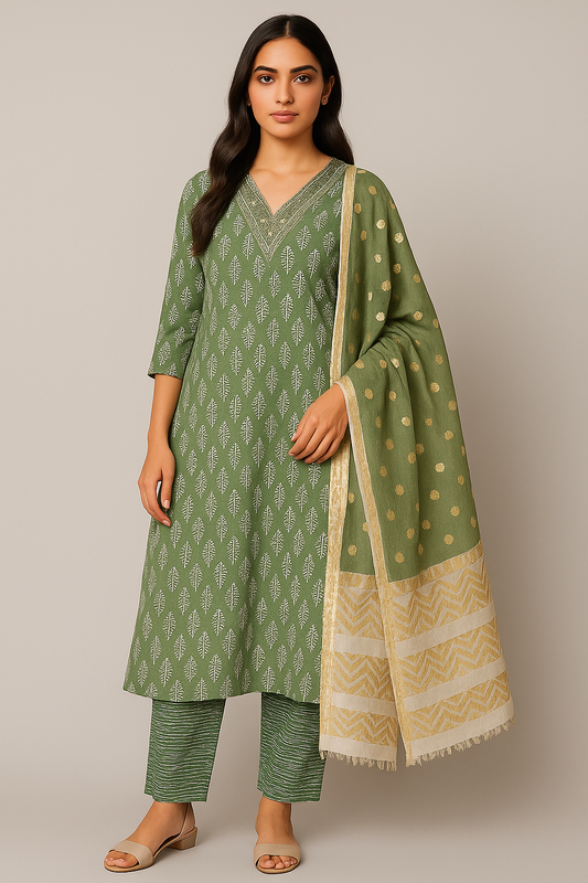 Green Printed Cotton Kurti Set with Embroidered Neck, Striped Bottom & Banarasi Dupatta | 3-Piece Set
