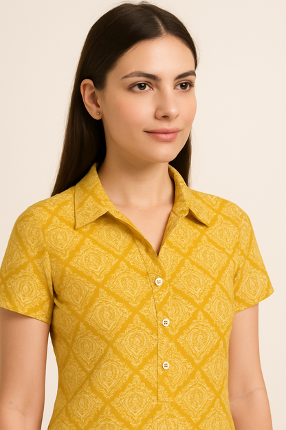 Mustard Yellow Printed Short Kurti Pant Set