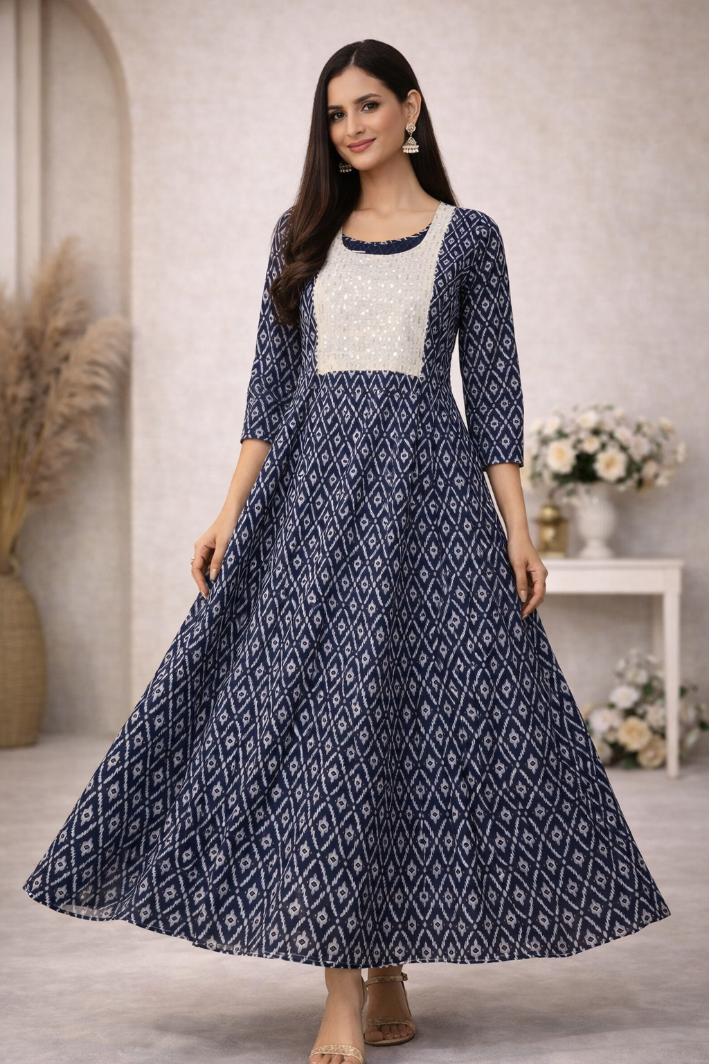 Navy Blue Ikat Print Premium Anarkali Kurti – One Piece