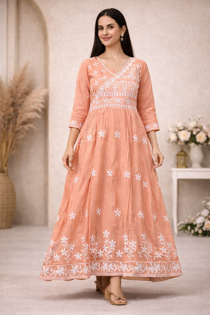 Peach Hand Embroidered Cotton Anarkali Kurti