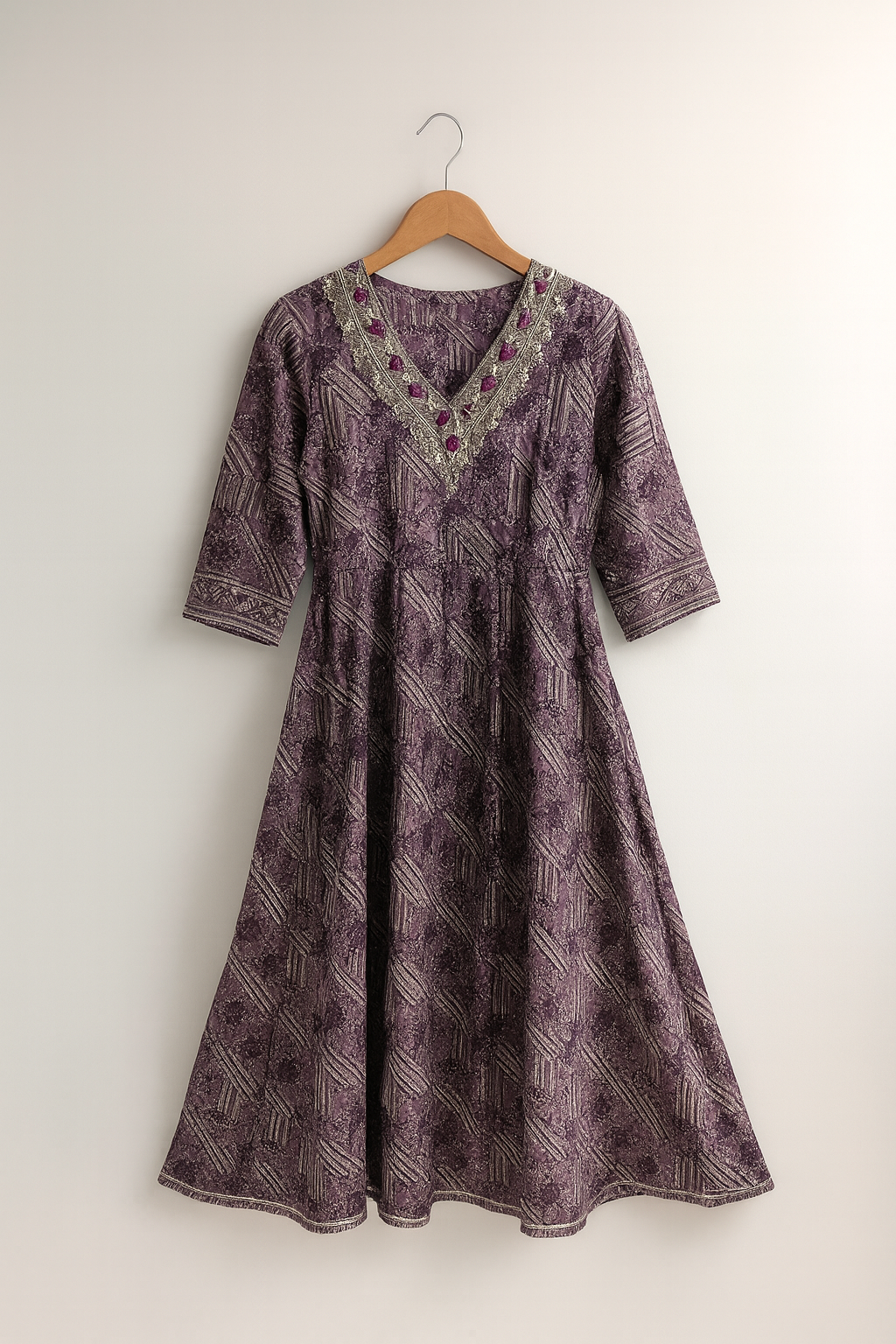 Purple Abstract Print Anarkali Kurti