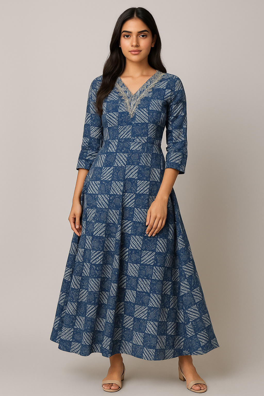 Blue Printed Cotton Anarkali Kurti