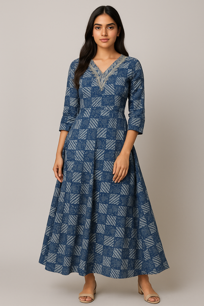 Blue Printed Cotton Anarkali Kurti
