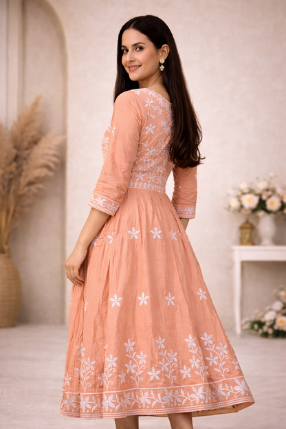 Peach Hand Embroidered Cotton Anarkali Kurti