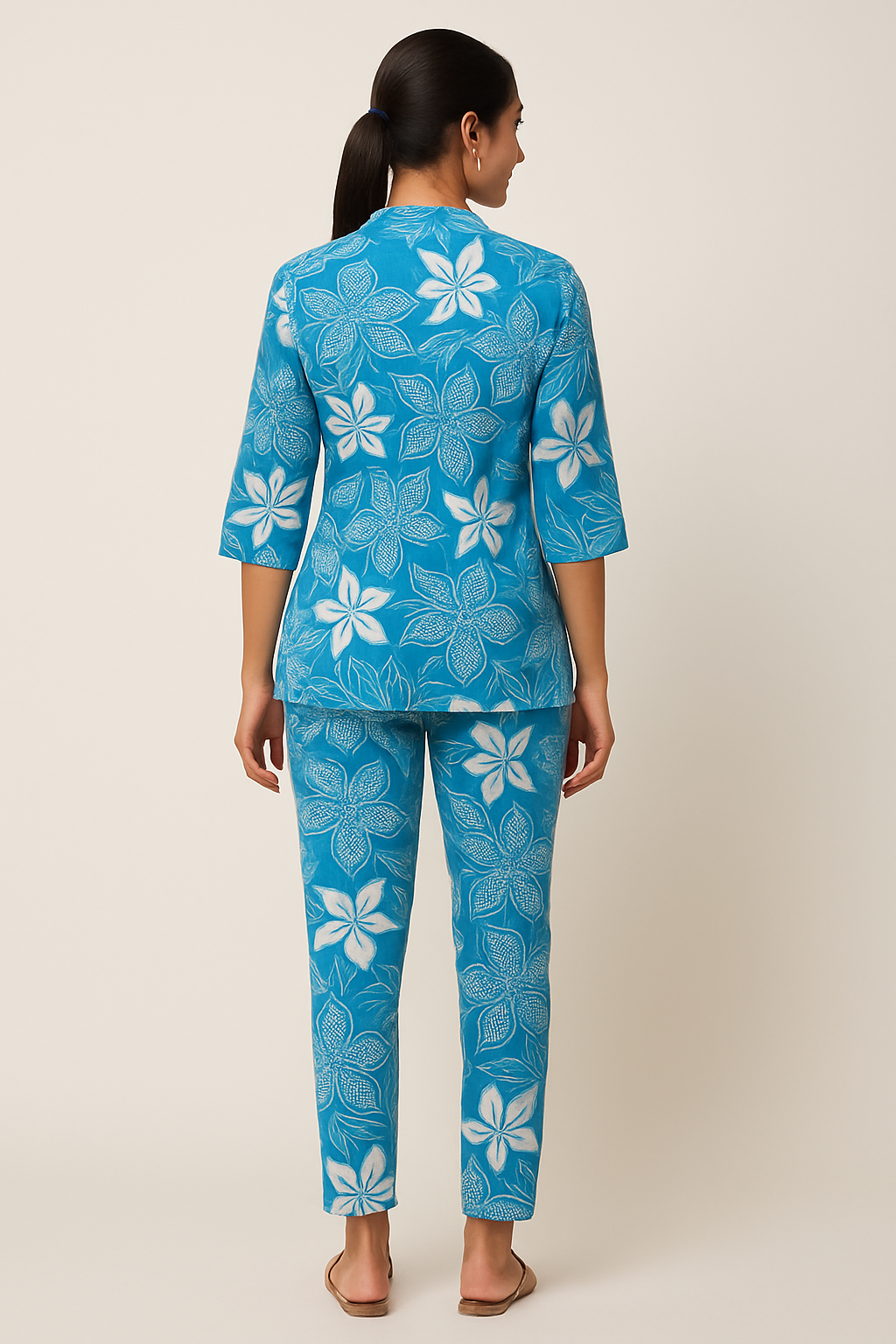 Blue Floral Print Cotton Kurti Pant Set