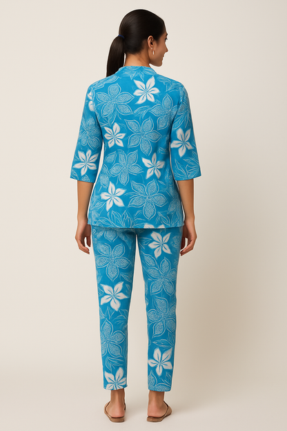 Blue Floral Print Cotton Kurti Pant Set