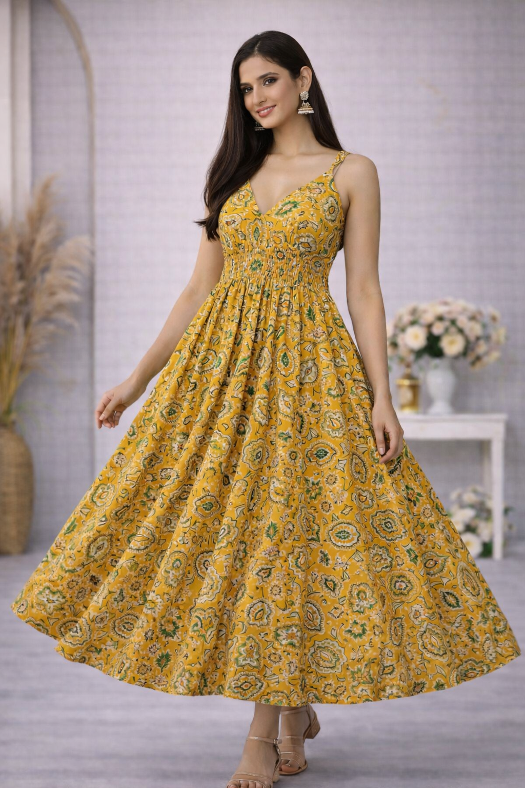 Mustard Printed Anarkali Maxi Dress