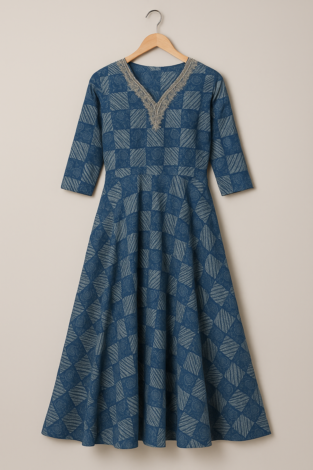 Blue Printed Cotton Anarkali Kurti