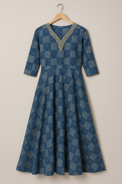 Blue Printed Cotton Anarkali Kurti