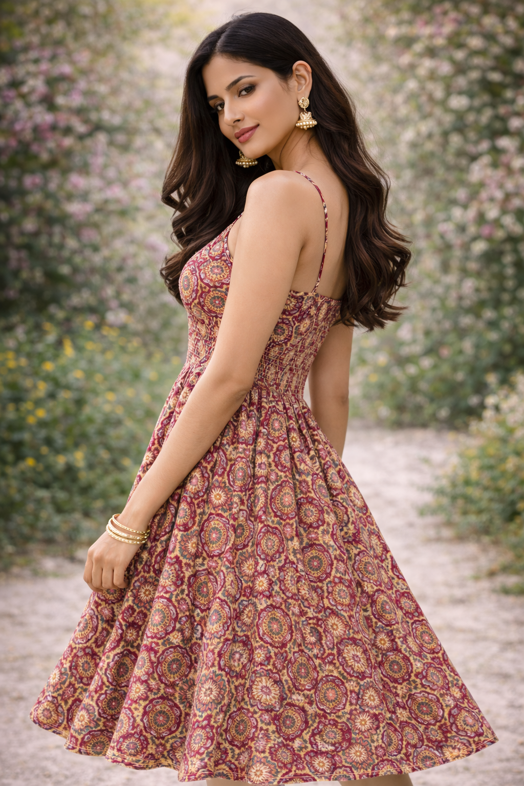 Maroon Printed Cotton Anarkali Dress