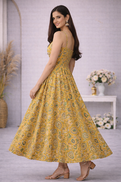Mustard Printed Anarkali Maxi Dress