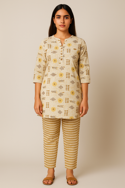 Yellow–Brown Premium Printed Kurti Pant Set
