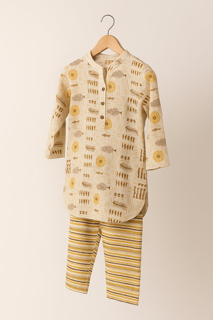 Yellow–Brown Premium Printed Kurti Pant Set