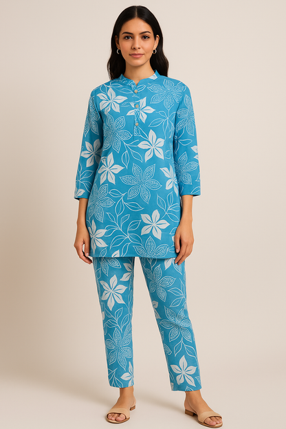 Blue Floral Print Cotton Kurti Pant Set