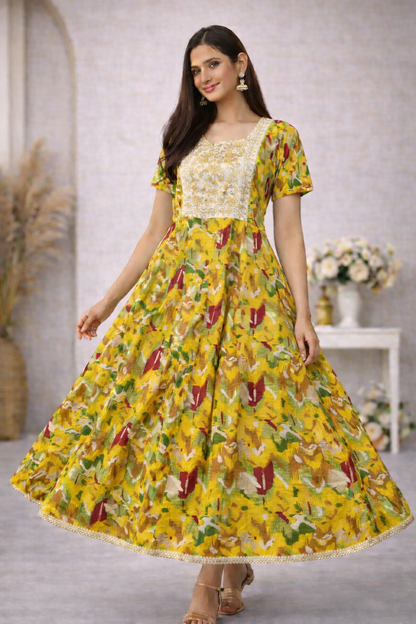 Mustard Floral Cotton Anarkali Dress