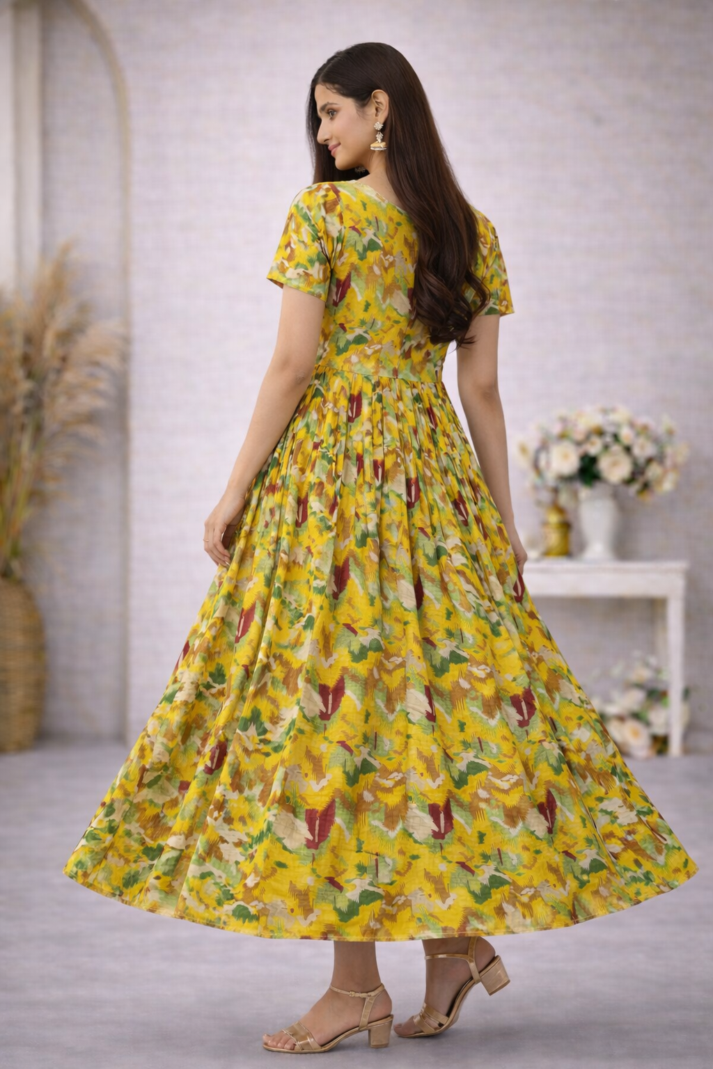 Mustard Floral Cotton Anarkali Dress