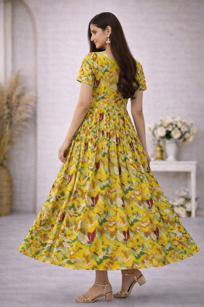 Mustard Floral Cotton Anarkali Dress