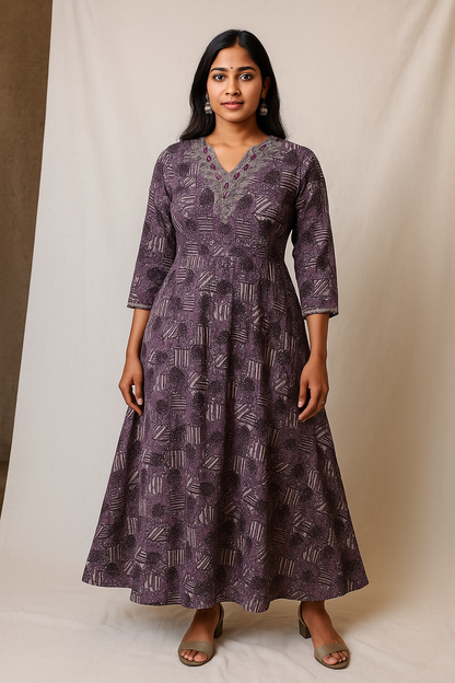 Purple Abstract Print Anarkali Kurti