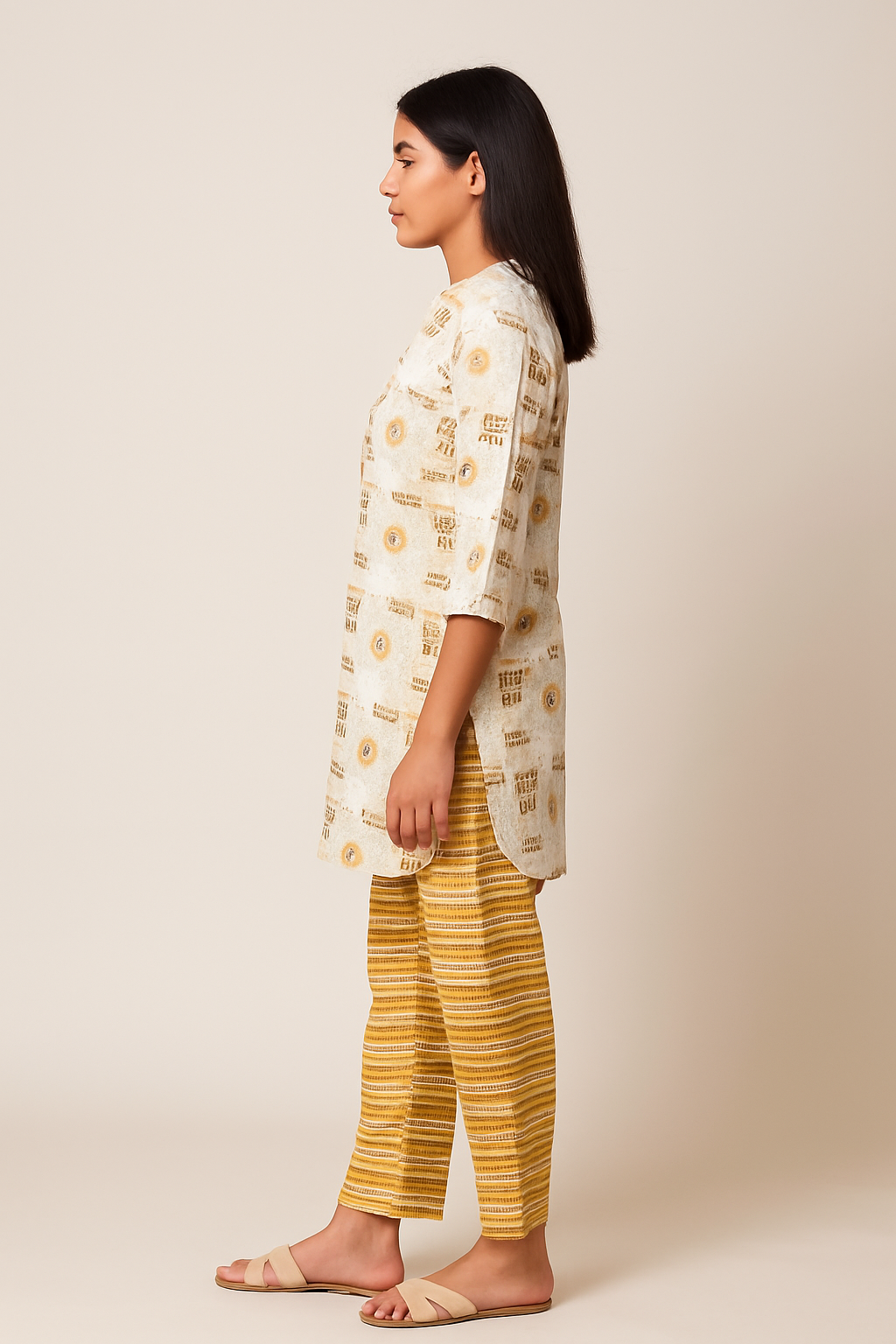 Yellow–Brown Premium Printed Kurti Pant Set