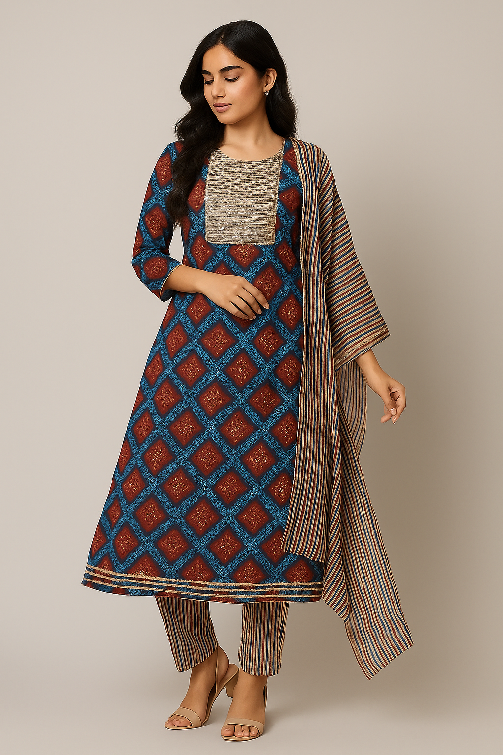 Ajrakh Print 3-Piece Cotton Suit Set – Mirror Work Kurti, Striped Pant & Soft Cotton Dupatta (Daily Wear & Festive Wear)