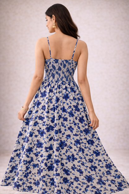 Blue Floral Smocked Anarkali Dress