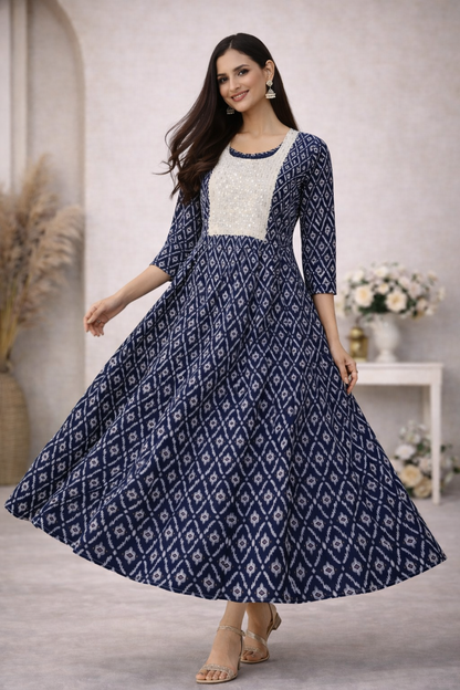 Navy Blue Ikat Print Premium Anarkali Kurti – One Piece