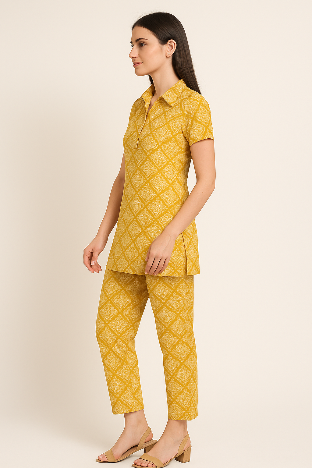 Mustard Yellow Printed Short Kurti Pant Set