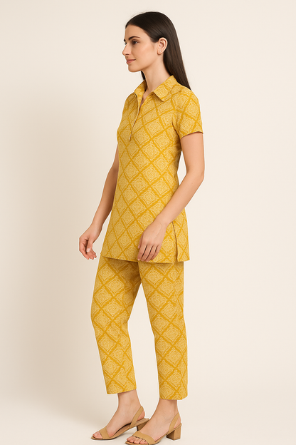 Mustard Yellow Printed Short Kurti Pant Set