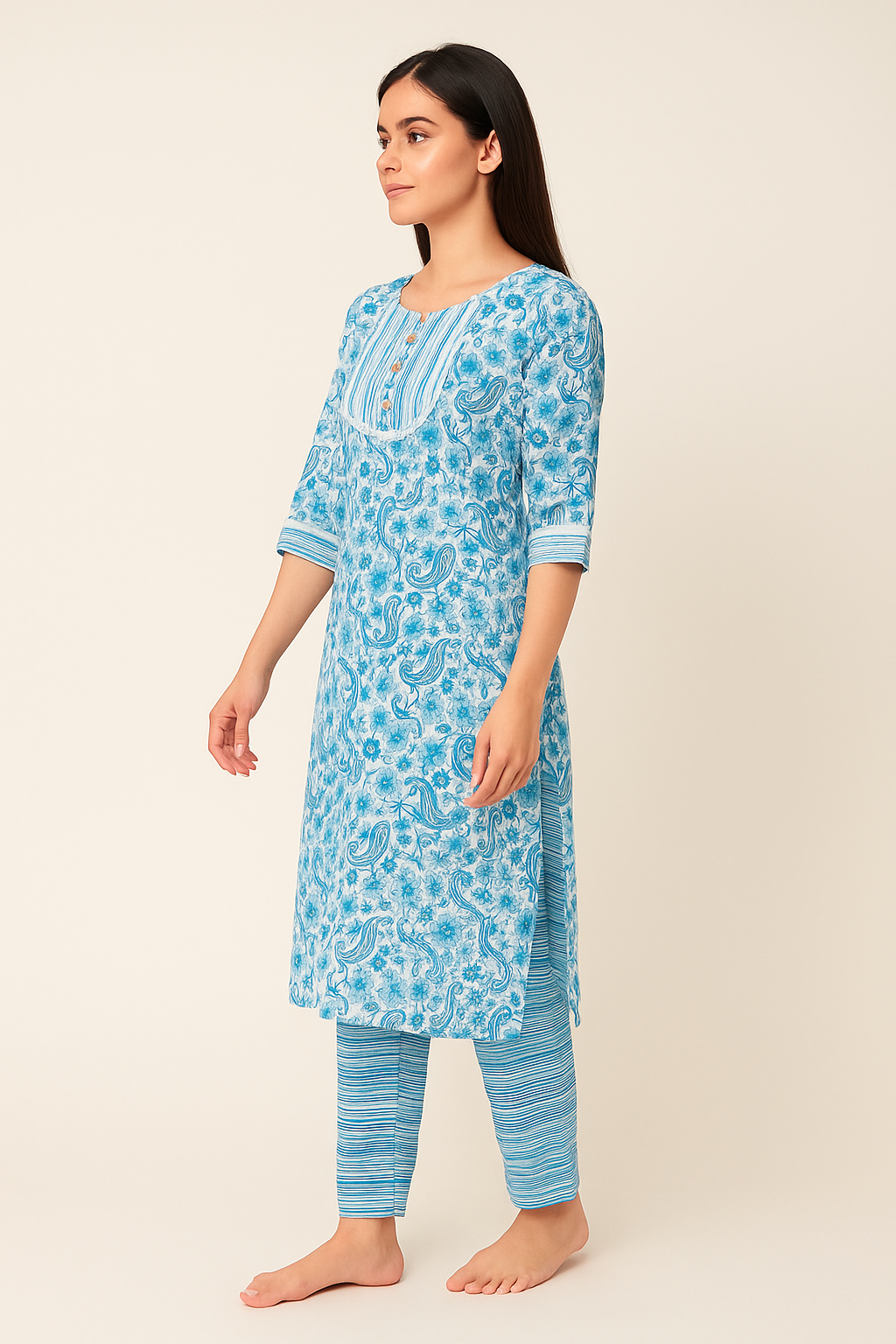 Beige Printed Cotton Kurti Pant Set