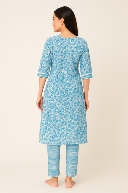 Beige Printed Cotton Kurti Pant Set