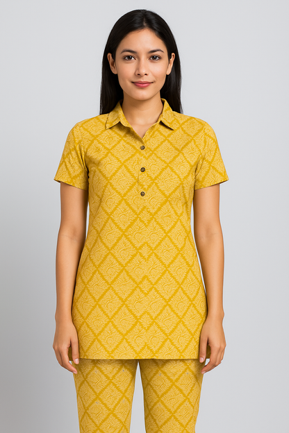 Mustard Yellow Printed Short Kurti Pant Set