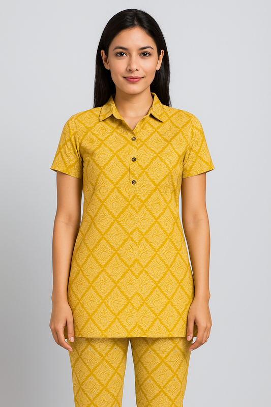 Mustard Yellow Printed Short Kurti Pant Set