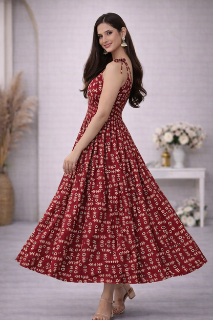 Maroon Printed V-Neck Anarkali Dress Ajrak Pattern